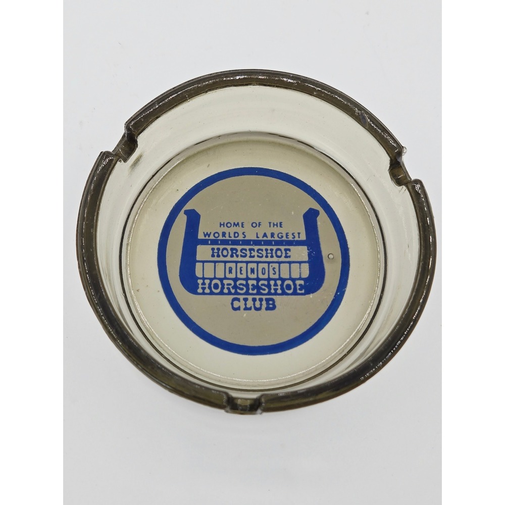 Vintage Reno's Horseshoe Club Glass Ashtray Smoked Glass Casino Souvenir 3.5"